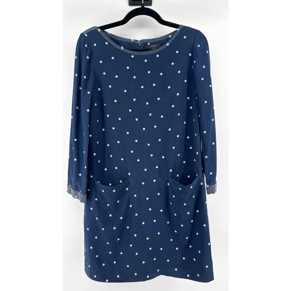 J. Crew 100% Silk Shift Dress Navy Blue White Polka Dot Pockets Size 8